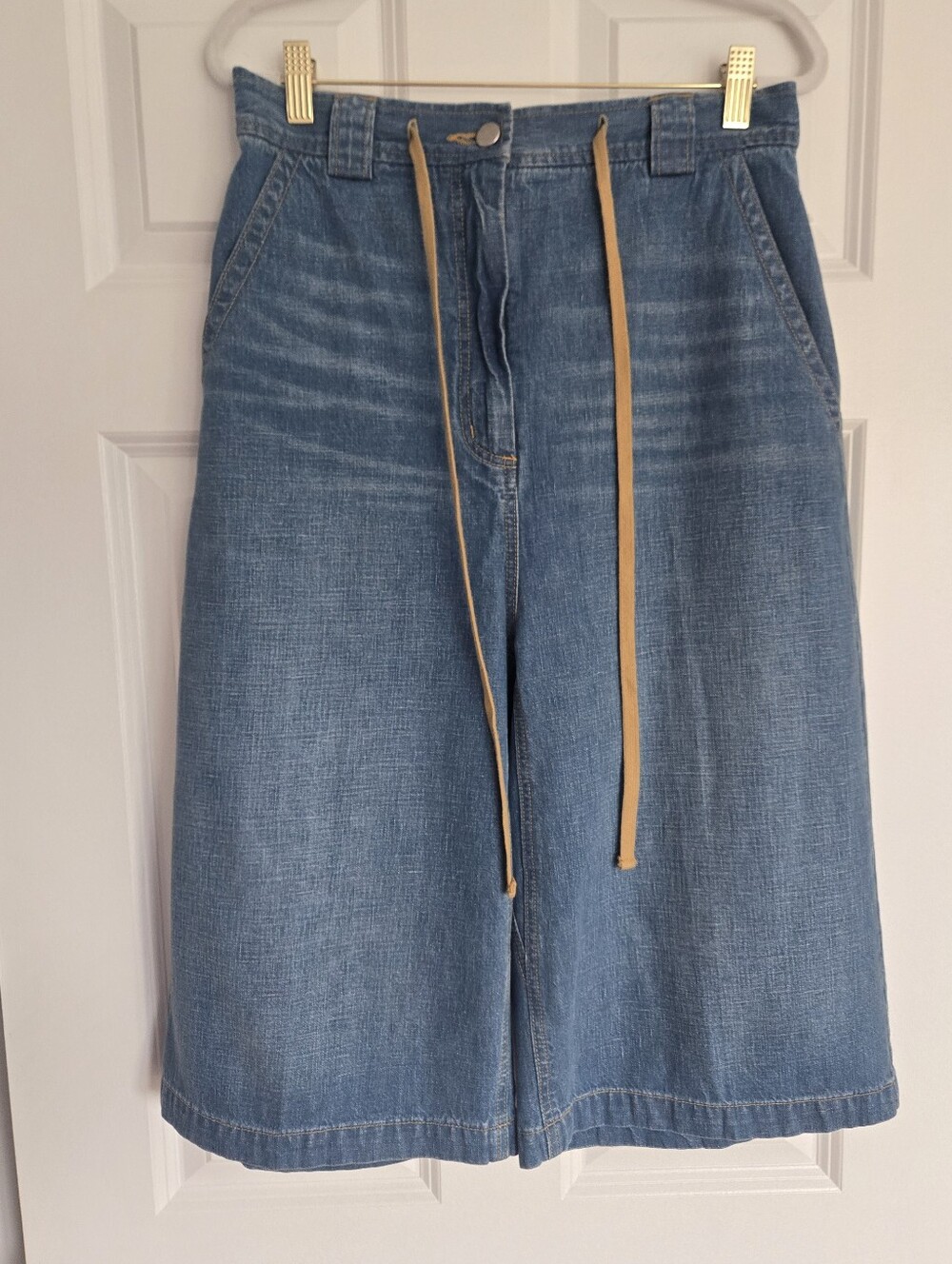 Rachel Comey Blue Denim Wide-Leg Shorts with Tan Drawstring